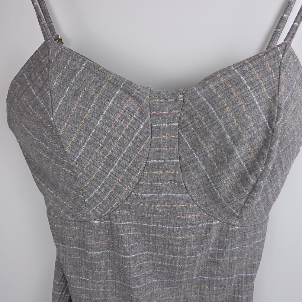 GRIS Women's Bustier Camisole Top Metallic Thread Gray Stripe Knit Y2K Club Wear - Picture 2 of 8